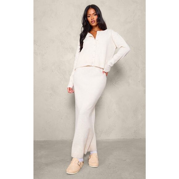 PrettyLittleThing Tall Oatmeal Melange Soft Knit Maxi Skirt - Oatmeal, Size 8 - Picture 1 of 9
